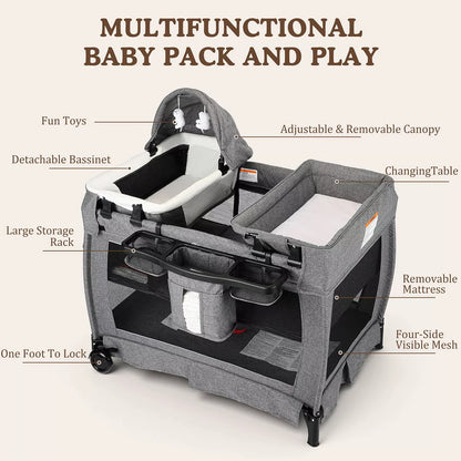 4-in-1 Portable Baby Playard with Bassinet, Changing Table and Canopy