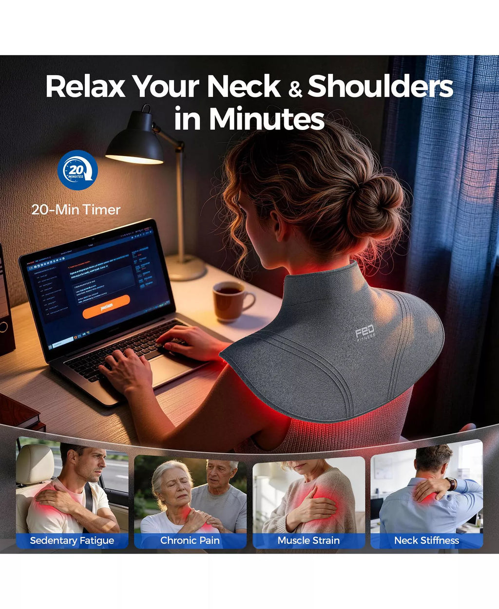 Red Light and Near Infrared Neck and Shoulder Wrap, 660nm and 850nm, 378 LEDs, 3 Intensity Levels for Pain Relief