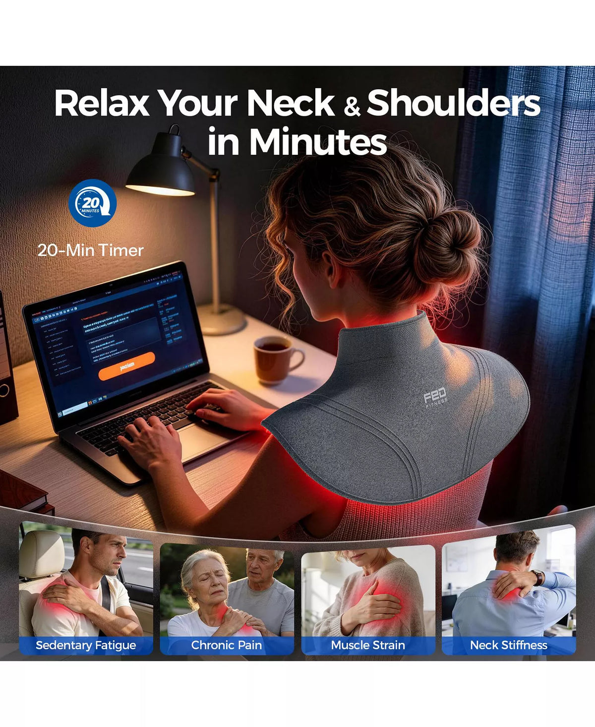 Red Light and Near Infrared Neck and Shoulder Wrap, 660nm and 850nm, 378 LEDs, 3 Intensity Levels for Pain Relief