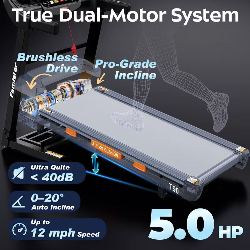 20% Auto Incline Treadmill 5HP, 400LB Treadmill for Home,12MPH Foldable Running Walking Treadmill w/ APP,105 Programs for Varied Intensity Workouts
