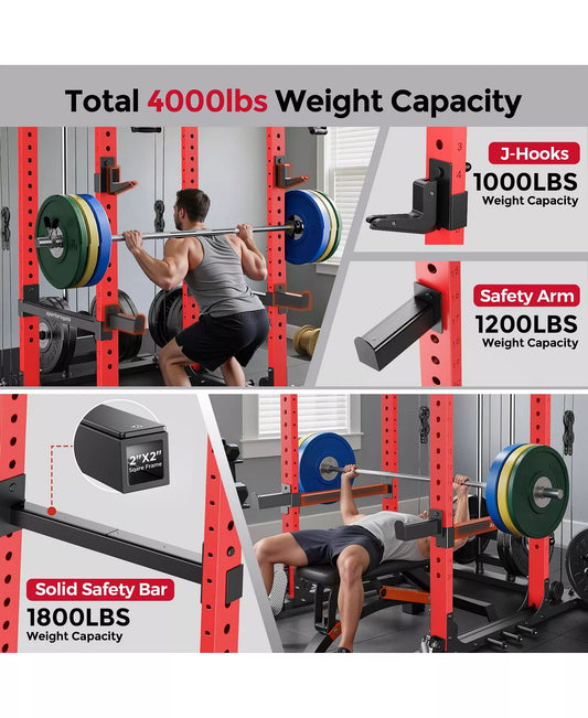 1600LBS Commercial Power Cage, Heavy-Duty Cable Crossover Squat Rack with Full Attachments, All-in-One Home Gym