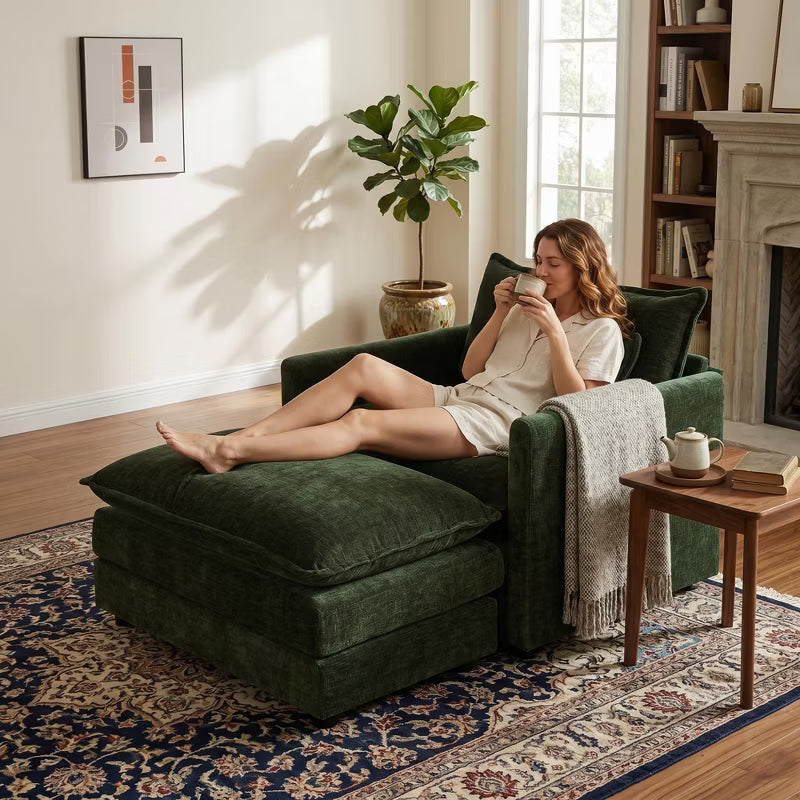 Comfy Deep Single Seat Chenille Sofa with Movable Ottoman, Modern Upholstered Reading Accent Chair & Footstool Set for Living Room, Dorm, Apartment