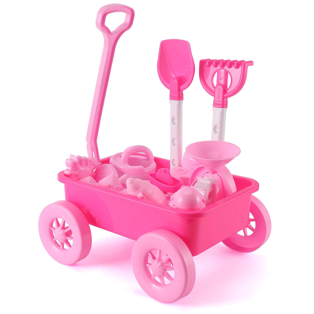 14 PCS Pink Princess Beach Wagon Plastic Toy Playset for Kids with Castle Molds, Sand Wheel, Water Pail, Play Tools and Featured Molds