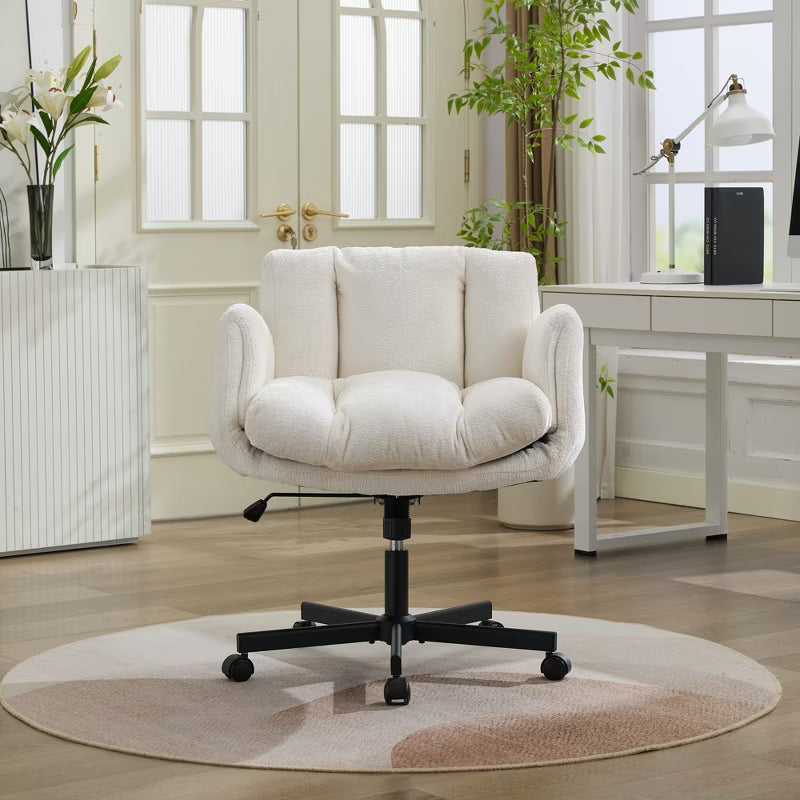 Chenille Swivel Office Chair, with Convertible Multi-Position Armrests, Comfy Double Cushioned Desk Chair for Home, Study, Vanity & Living Room, Beige