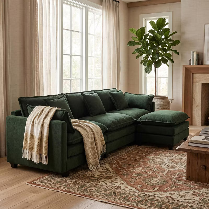 LauKingdom 114" Dark Green Chenille 3-Seat Modular Sectional Sofa with Ottoman, Reversible Sleeper Cloud Couch for Living Room Apartment