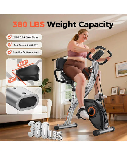 5-in-1 Pro Folding Exercise Bike, 16-Level Resistance and Quiet Magnetic Drive, Home Gym Bike with Rowing and Bands