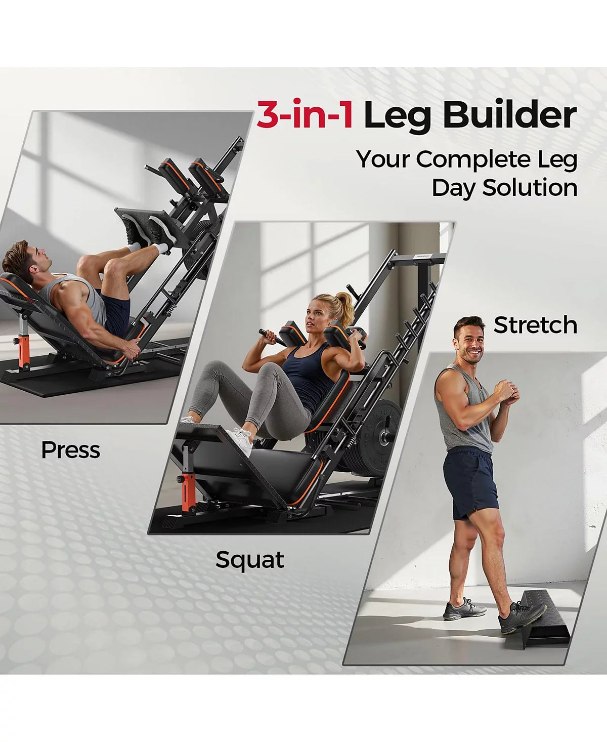 3 in 1 Leg Press Hack Squat Machine with Ultra-Quiet Pulley System, Adjustable Leg Press Machine with Stretch Board