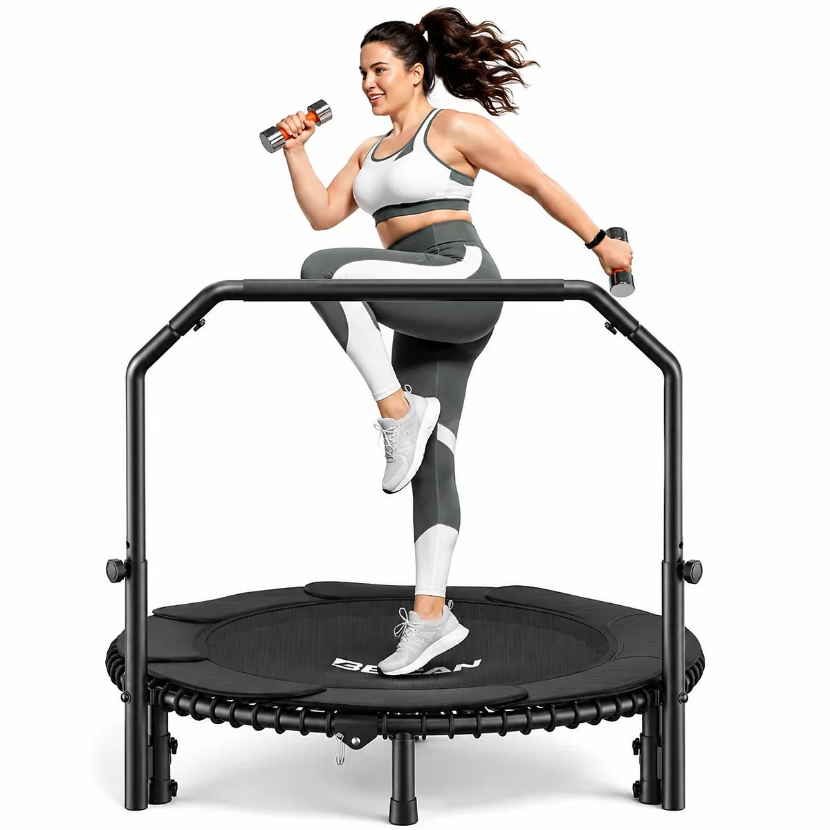 2026 Upgraded Mini Rebounder Trampoline for Adults with Bar, Fitness Trampoline with Bungees, Adjustable Handle, 40/48 Inches