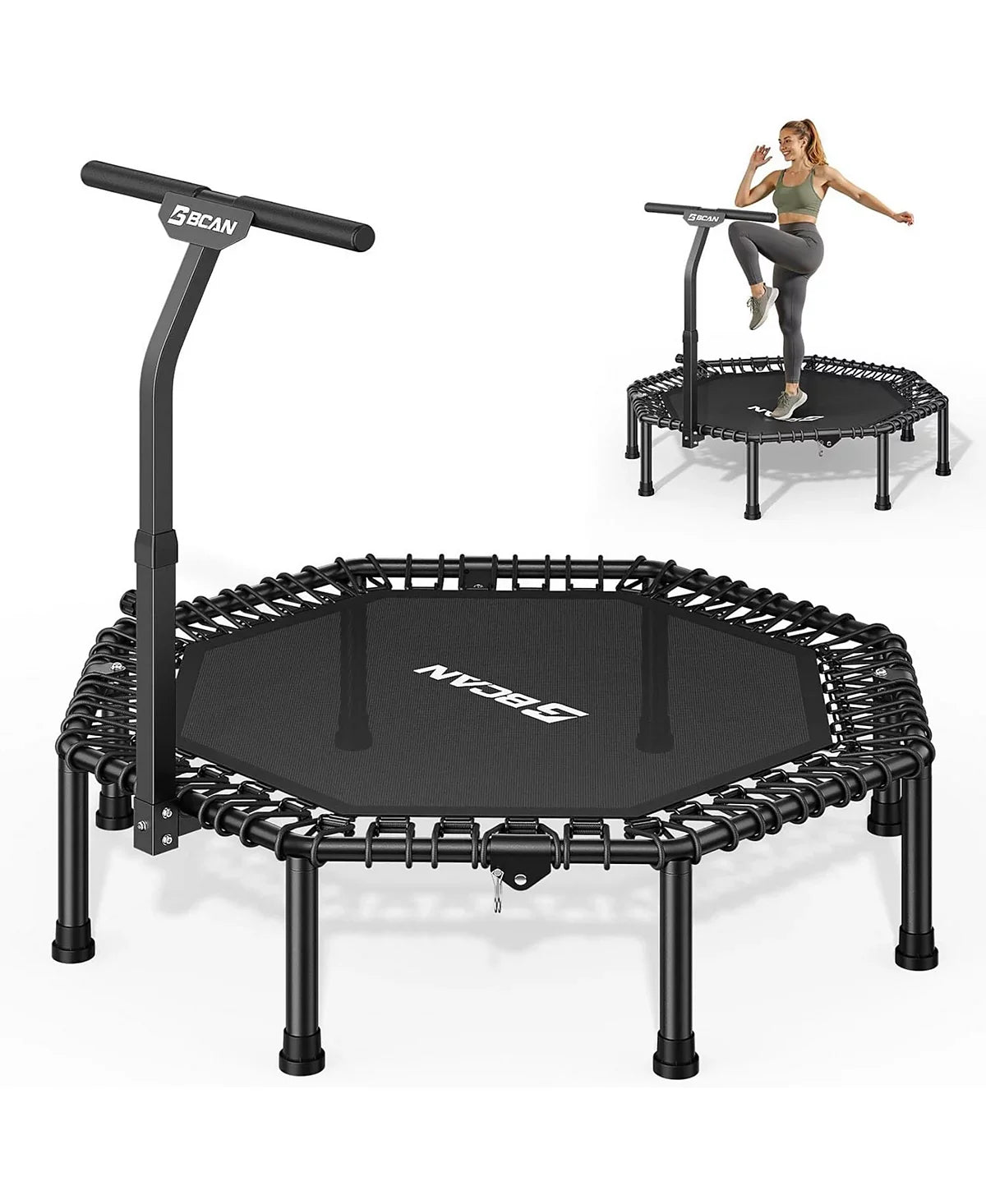 51" Octagonal Mini Trampoline for Adults, 450LBS Load Silent Bungee Rebounder with Large Jumping Area and T-Adjustable Handle for Home Gym