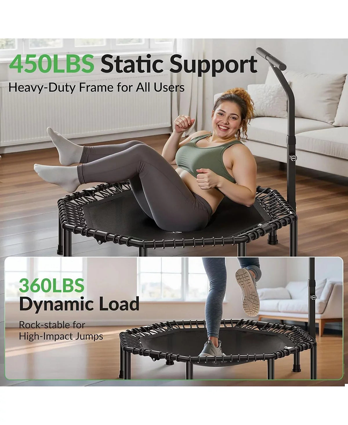 51" Octagonal Mini Trampoline for Adults, 450LBS Load Silent Bungee Rebounder with Large Jumping Area and T-Adjustable Handle for Home Gym