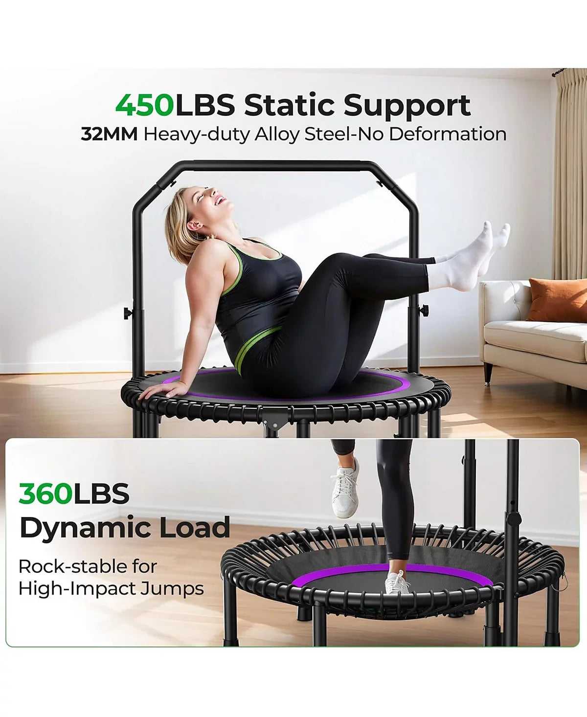 BT2 Mini Rebounder Trampoline with Handle, Bungee Fitness, Adjustable and Quiet