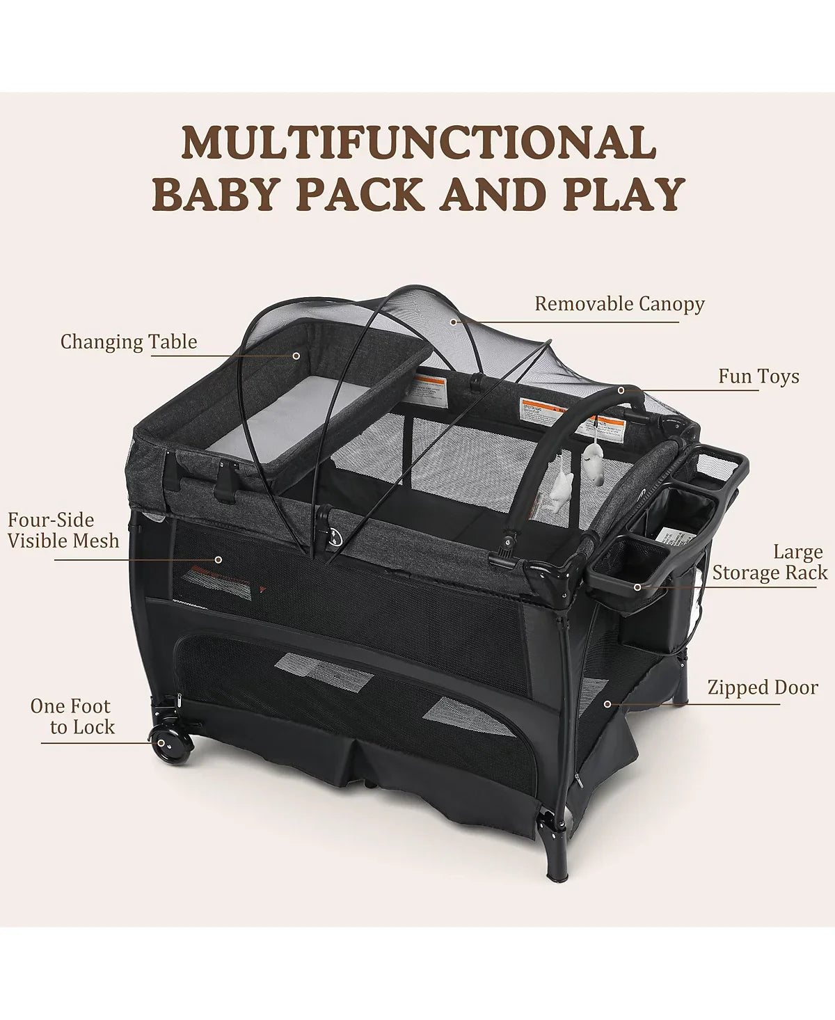 4-in-1 Portable Baby Playard with Bassinet and Mosquito Net, Bedside Sleeper and Changing Table