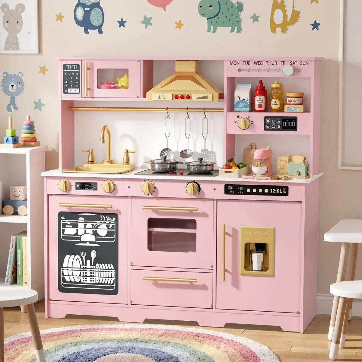 Kids Play Kitchen, Wooden Toy Kitchen Playset for Toddler, Pretend Oven, Microwave, Kitchen Sets for Age 3+