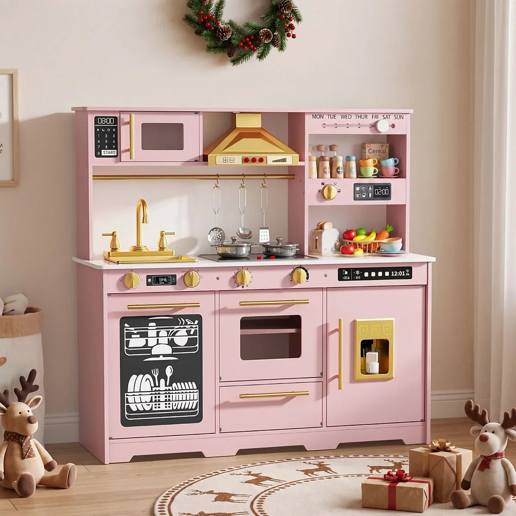 Kids Play Kitchen, Wooden Toy Kitchen Playset for Toddler, Pretend Oven, Microwave, Kitchen Sets for Age 3+