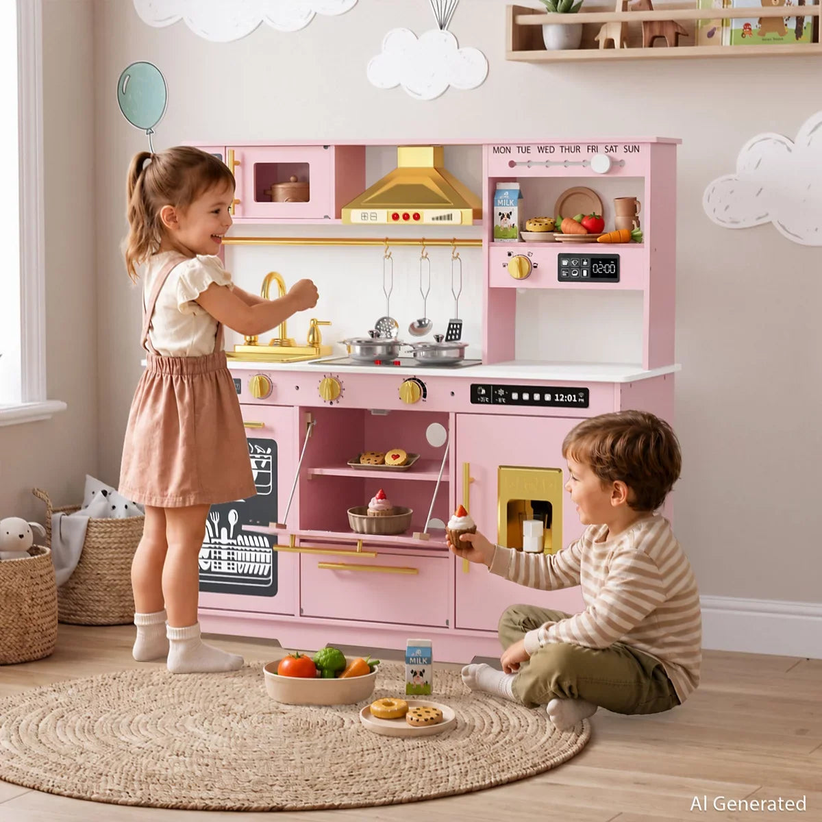 Kids Play Kitchen, Wooden Toy Kitchen Playset for Toddler, Pretend Oven, Microwave, Kitchen Sets for Age 3+
