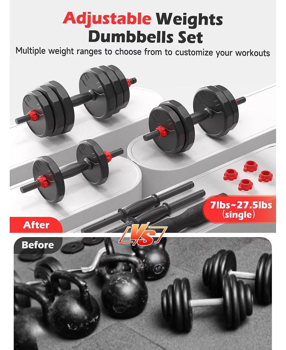 3 in 1 Adjustable Dumbbells Set Convertible to Barbell and Kettlebell, Multi Weight Free Weights for Home Gym