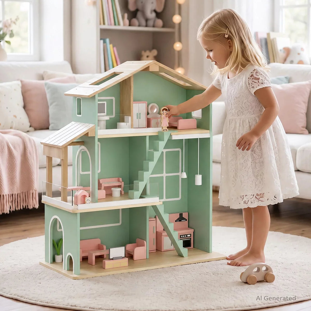 Wooden 3-Story Interactive Dollhouse with 26 Accessories, Ages 3+