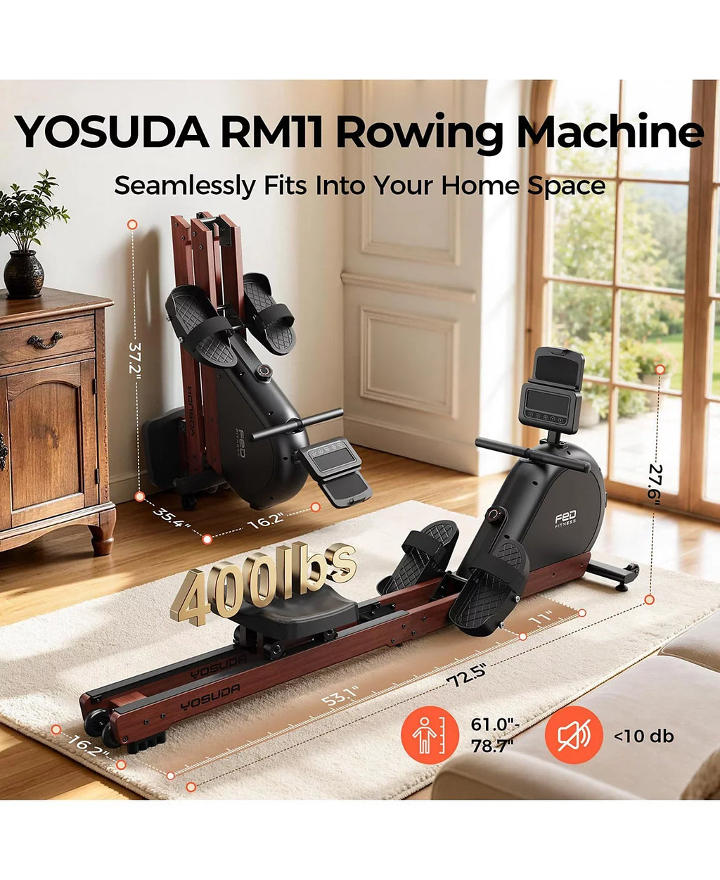 YOSUDA RM11 Magnetic Rowing Machine, FSC Solid Oak Frame, 132 lbs Resistance