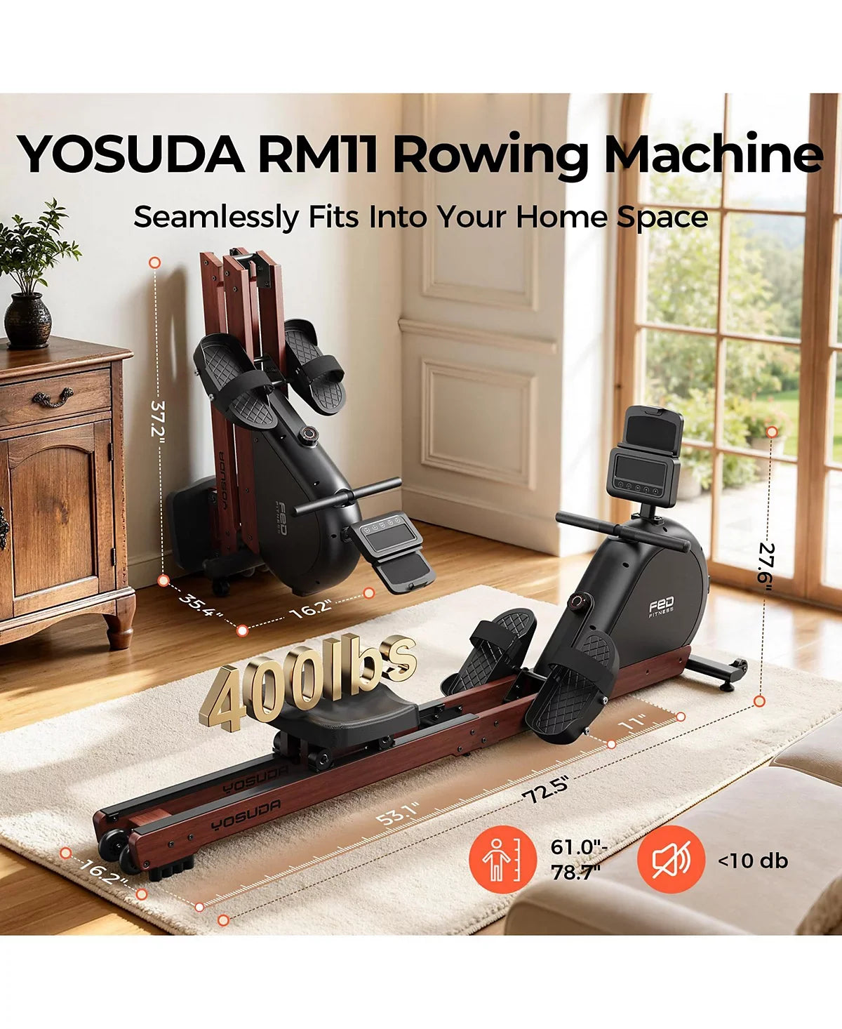 YOSUDA RM11 Magnetic Rowing Machine, FSC Solid Oak Frame, 132 lbs Resistance