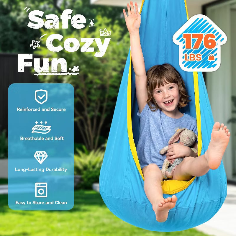 Kids Pod Swing Chair with Inflatable Cushion, Storage Pocket & Hanging Hardware,Blue