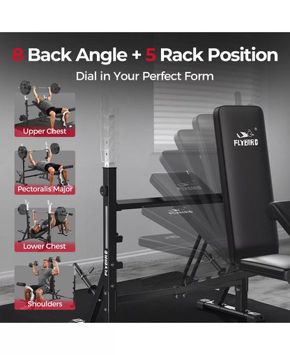 Olympic Adjustable Weight Bench, 39IN Rack Width with Bench Press Rack, Leg Extension and Leg Curl, Multi-Functional Workout Equipment