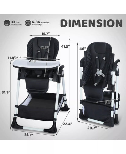 Baby Convertible High Chair with Adjustable Height, Double Tray and Compact Fold,