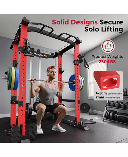 1600LBS Commercial Power Cage, Heavy-Duty Cable Crossover Squat Rack with Full Attachments, All-in-One Home Gym