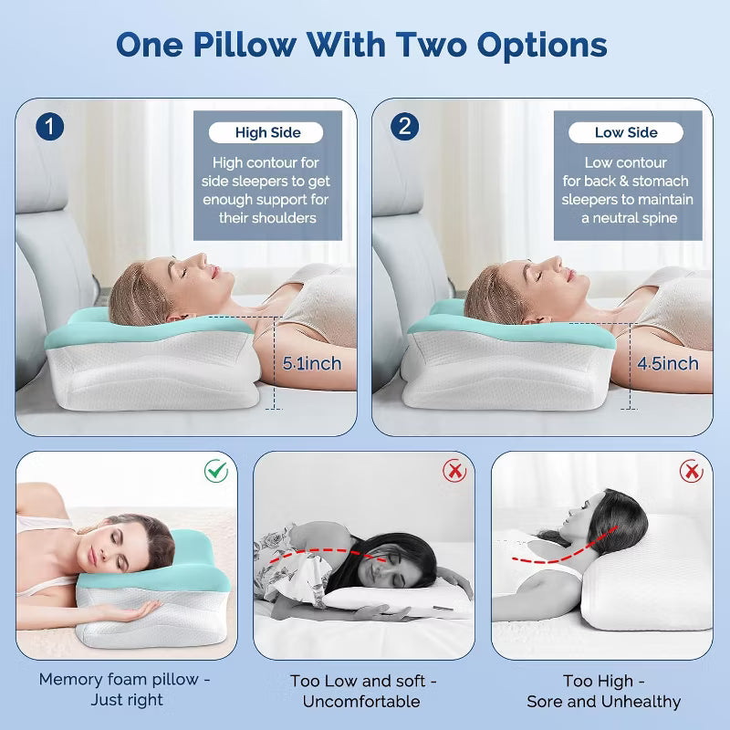 Ergonomic Cooling Memory Foam Cervical Neck Pillow - Contour Orthopedic Pillow with Removable Pillowcase, Neck Support for Side, Back Sleepers