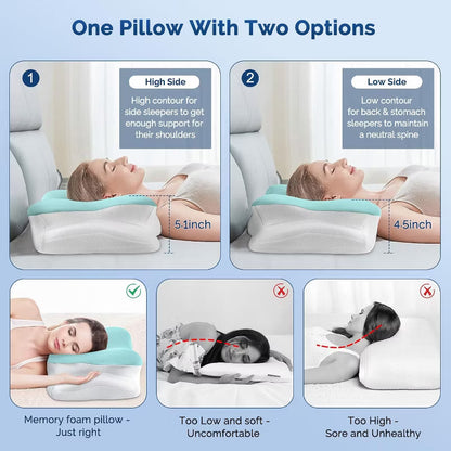 Ergonomic Cooling Memory Foam Cervical Neck Pillow - Contour Orthopedic Pillow with Removable Pillowcase, Neck Support for Side, Back Sleepers