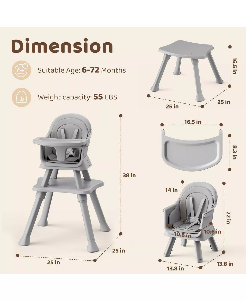 8-in-1 Baby High Chair Converts to Booster Seat and Kids Table Set with Removable Tray
