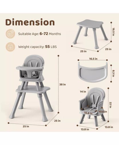 8-in-1 Baby High Chair Converts to Booster Seat and Kids Table Set with Removable Tray
