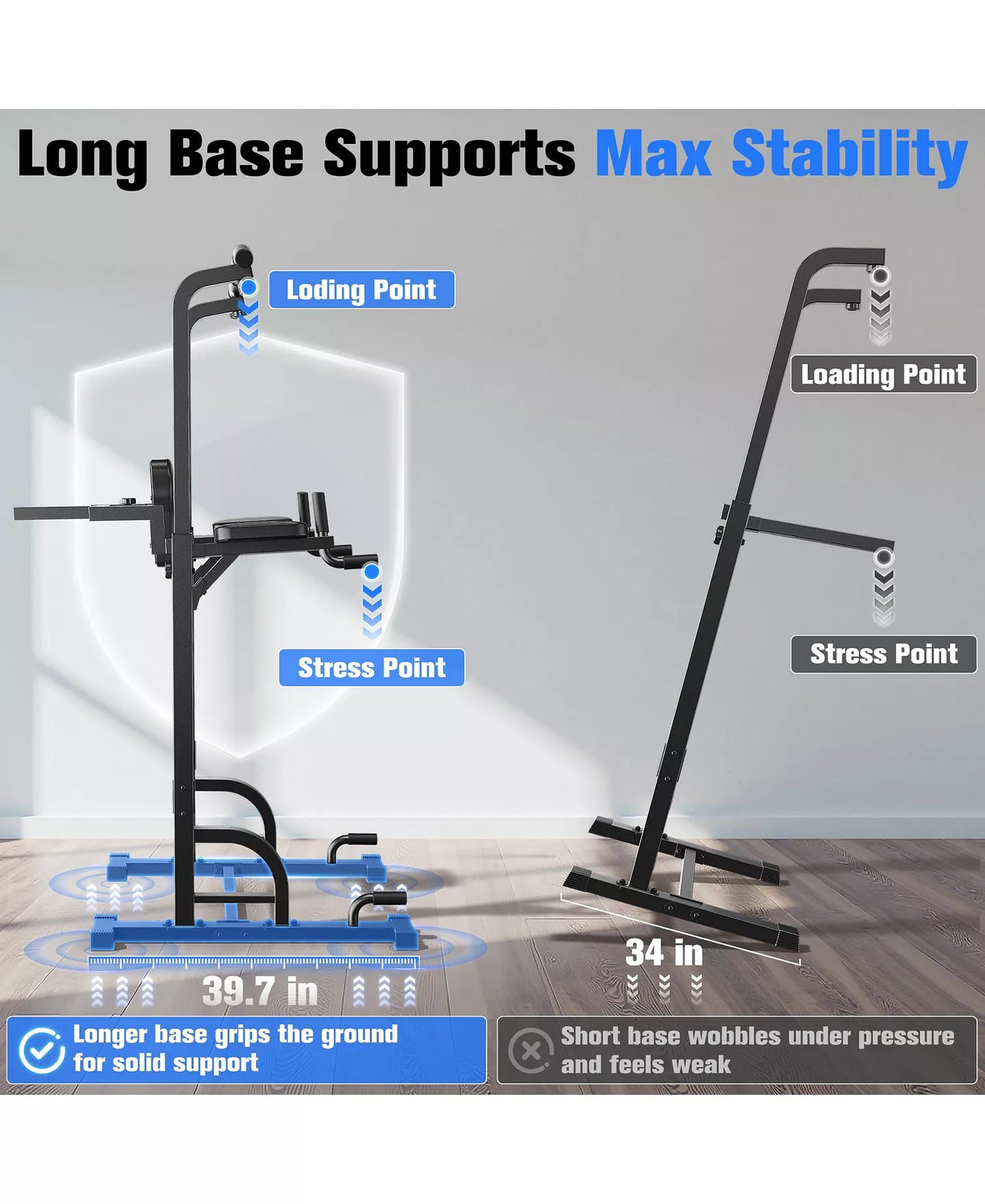 450LBS Power Tower, Adjustable Pull Up Dip Station with 39.7" Extended Base, 5-in-1 Full Body Strength Training Equipment for Home Gym