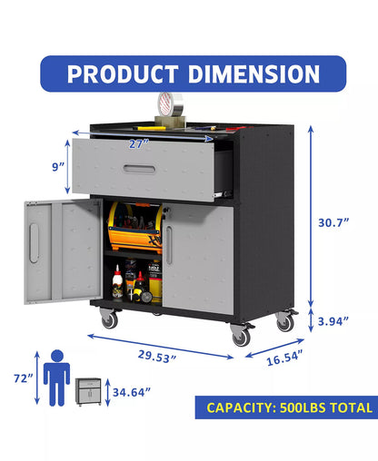 35"H Rolling Metal Tool Cabinet - Mobile Storage Chest with Drawer and Locking Doors