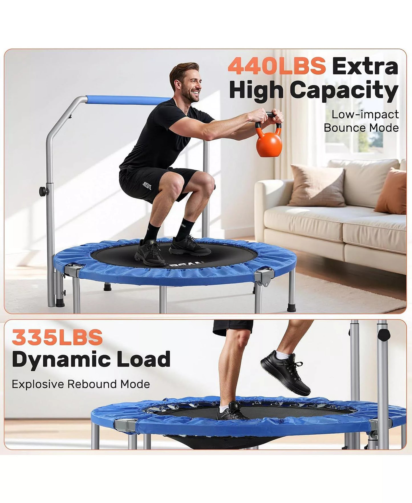 SP2 48" Blue Foldable Mini Trampoline, 440lbs Capacity, Adjustable Foam Handle, Indoor/Garden Fitness Rebounder