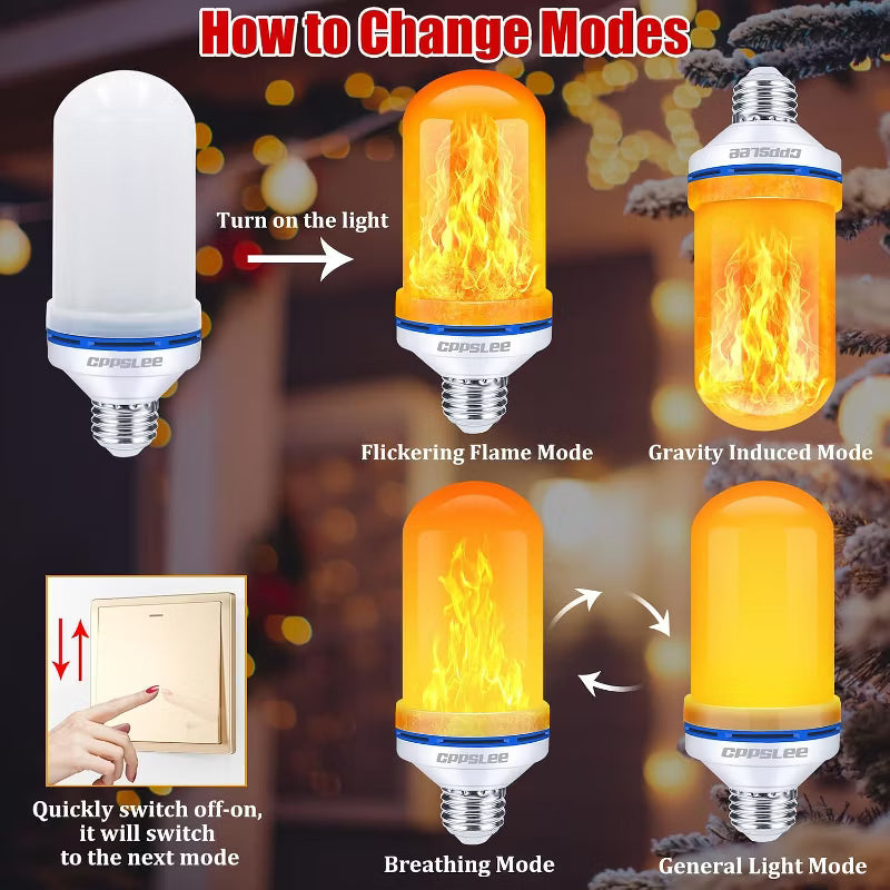 LED Flame Effect Light Bulbs with 4 Lighting Modes, 3W Flickering Fire Bulbs - Warm Yellow