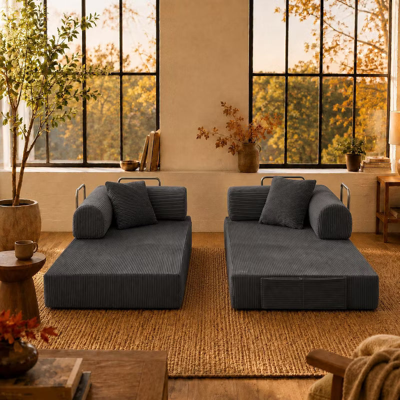 LauKingdom 78.7" Corduroy Convertible Sofa Bed, 3-in-1 Boneless Floor Couch with Foldable Side Rails and Storage Pocket for Living Room and Bedroom