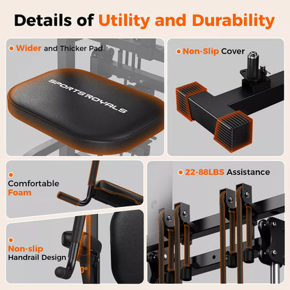 440LBS Assisted Pull Up Power Tower, Adjustable Resistance Dip Station with 2-in-1 Backrest, Multi-Function Strength Training Equipment