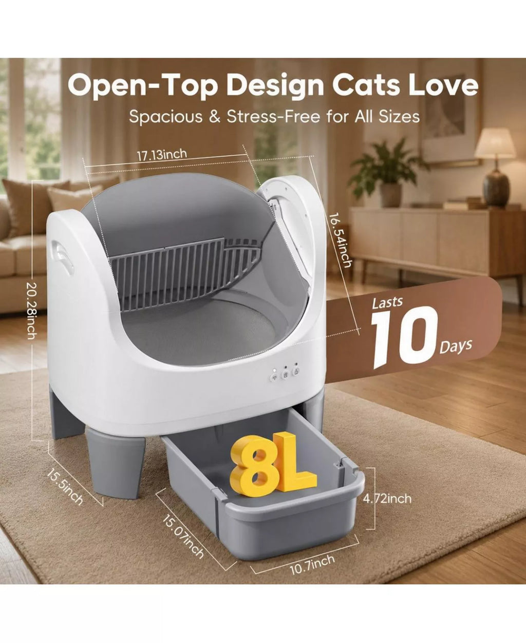 Automatic Self-Cleaning Cat Litter Box with App Control, Open-Top Design, Safety Sensors, Quiet Operation