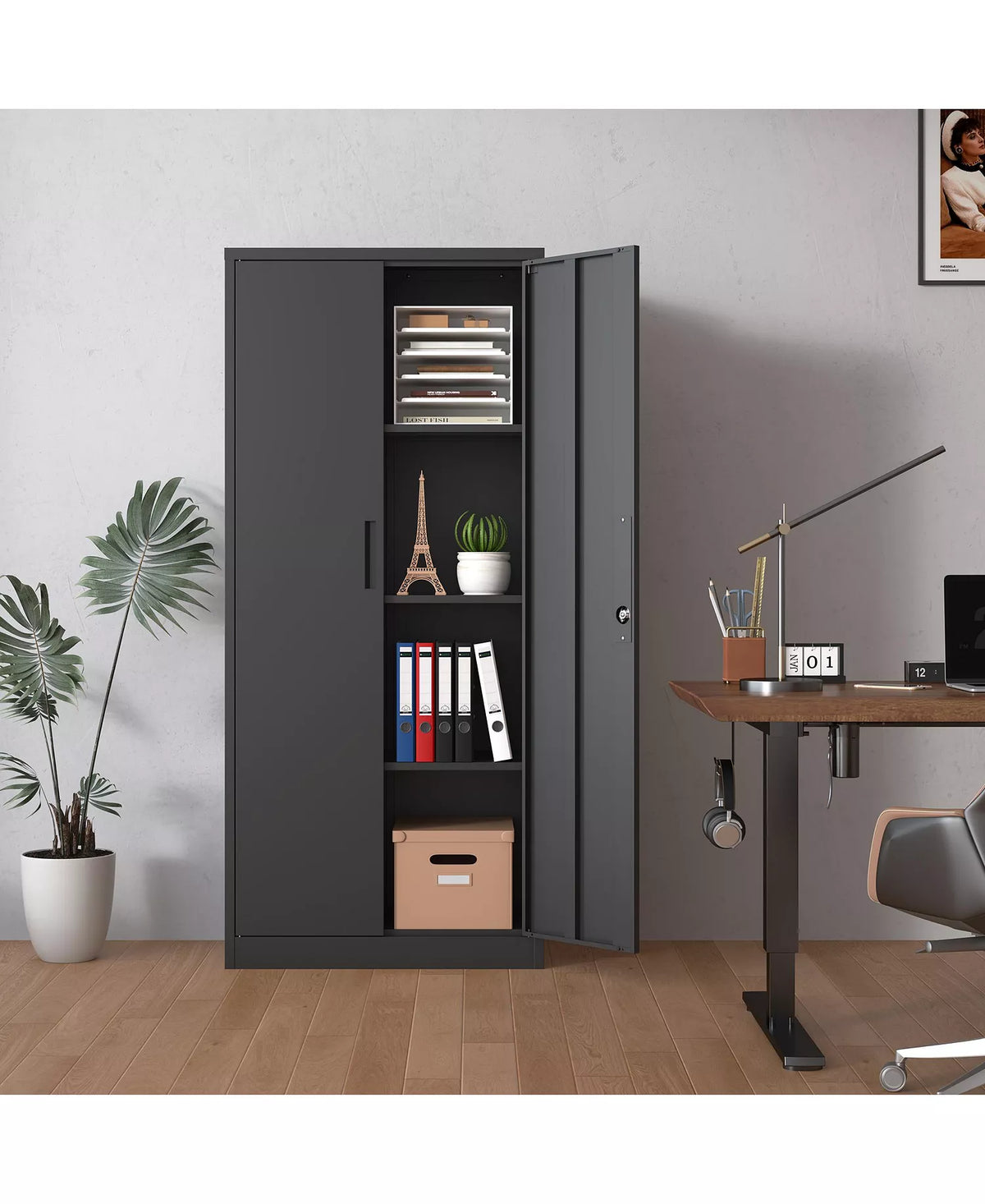 71"H Metal Storage Cabinet - Lockable Double Door Steel Organizer with 3 Shelves
