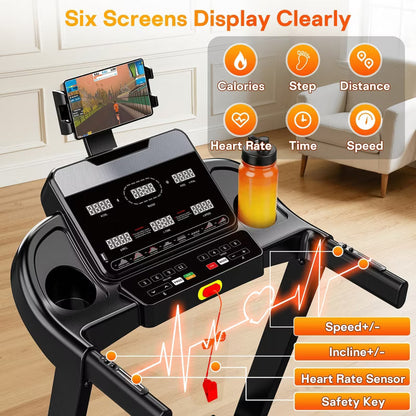 15% Auto Incline Treadmills for Home with Handle, 4 in 1 Portable Treadmill with Incline, Foldable Treadmill with 6 Screen, 105 Preset Programs, 350Lb