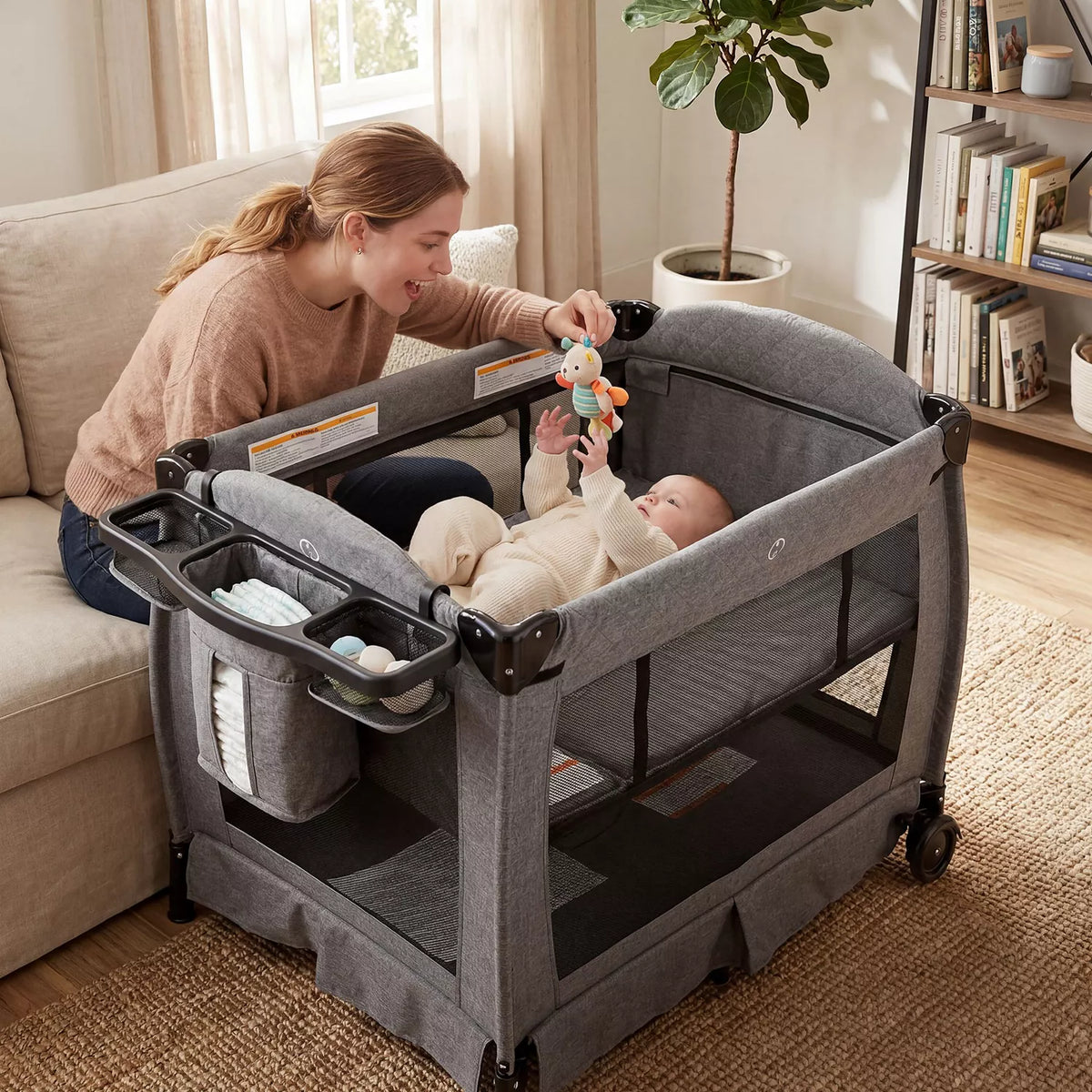 4-in-1 Portable Baby Playard with Bassinet, Changing Table and Canopy