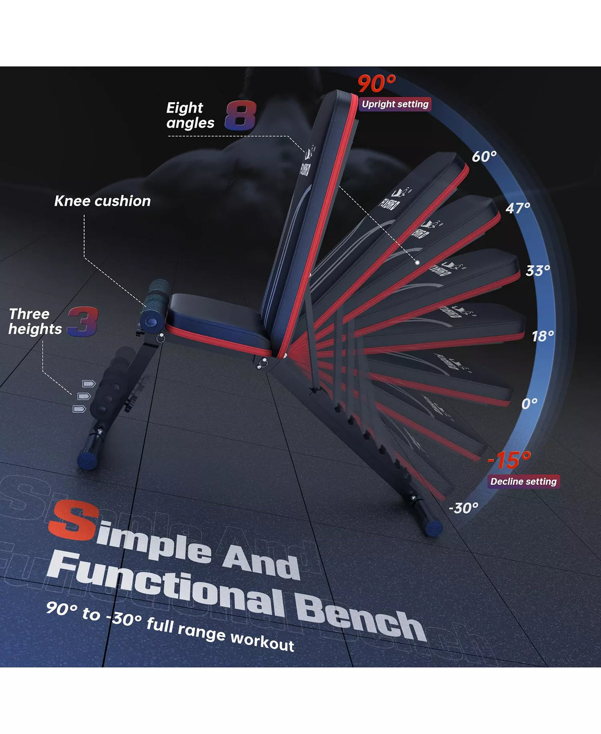 Foldable Weight Bench with 2 Resistance Bands, 8 Backrests Fast Adjustable FID for Home Gym Full Body Workout