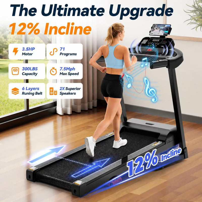 Smart Treadmill with APP Control & Bluetooth, 3.5HP Brushless Motor, Folding Running Machine 300lbs Weight Capacity, 10% Incline, 71 Programs