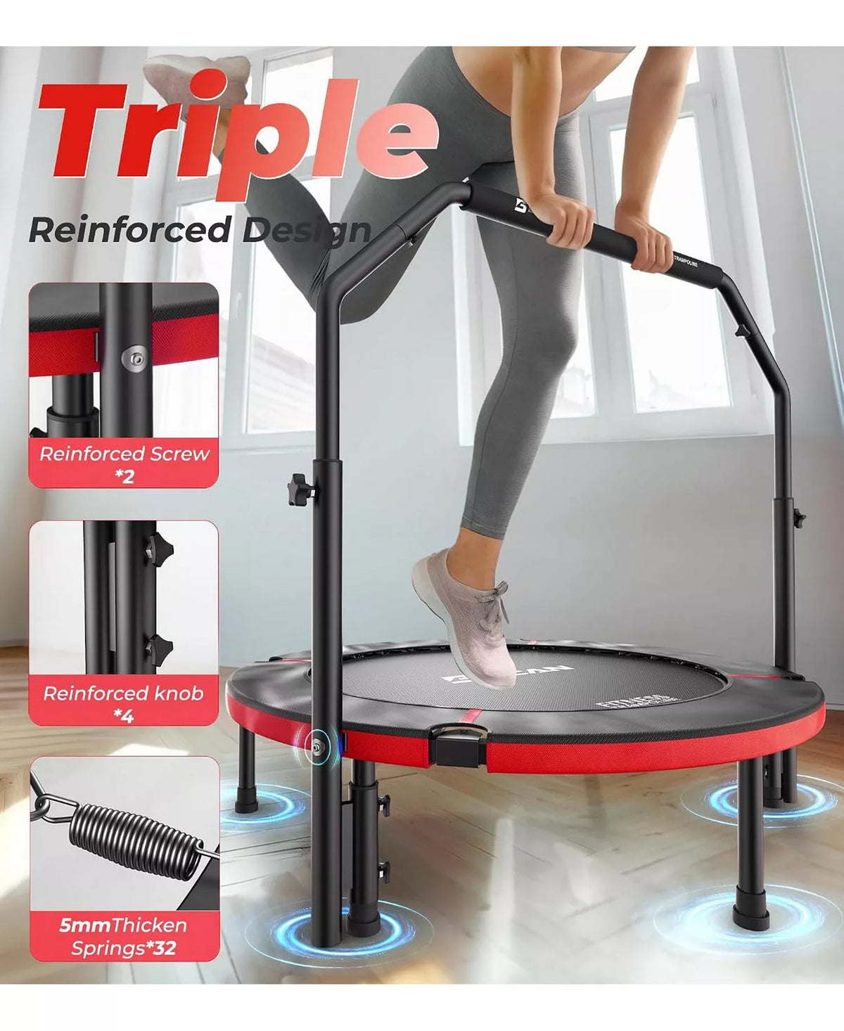 SP3 40 Inch Foldable Mini Trampoline with U Shape Adjustable Foam Handle Adult Rebounder Trampoline Indoor Fitness Workout Max Load 330LBS