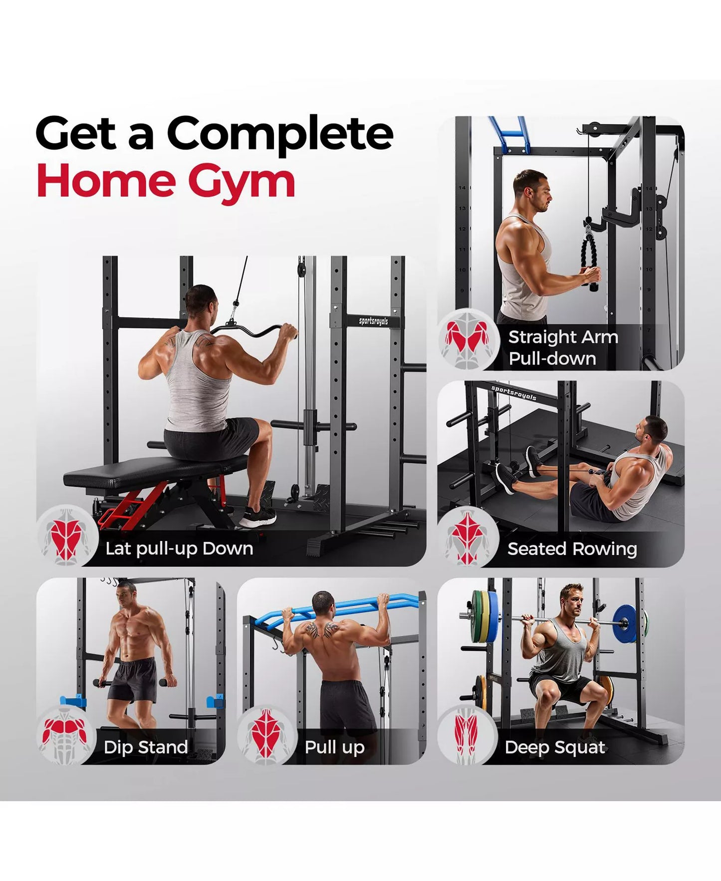 1200LBS Power Rack with Pulley System and LAT Pulldown, Multi-Functional Squat Rack Cage with J-Hooks for Home Gym