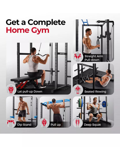 1200LBS Power Rack with Pulley System and LAT Pulldown, Multi-Functional Squat Rack Cage with J-Hooks for Home Gym