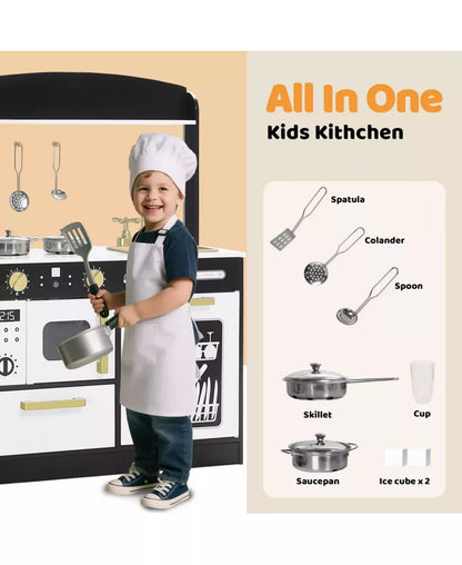 Wooden Pretend Play Kids Kitchen, Toy Kitchen Playset w/Oven, Microwave for Boys Girls Age 3+