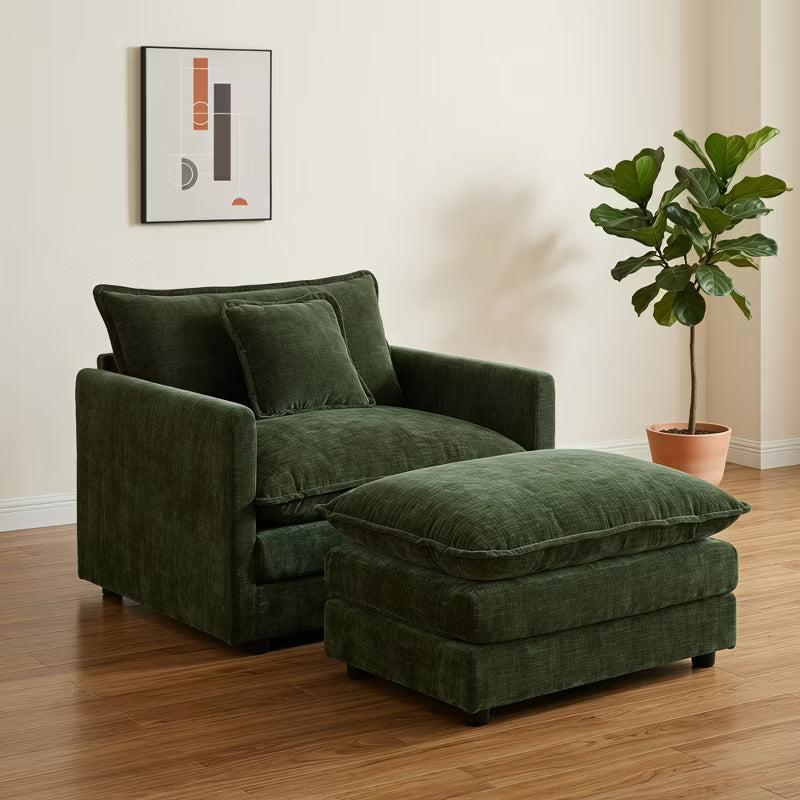 Comfy Deep Single Seat Chenille Sofa with Movable Ottoman, Modern Upholstered Reading Accent Chair & Footstool Set for Living Room, Dorm, Apartment