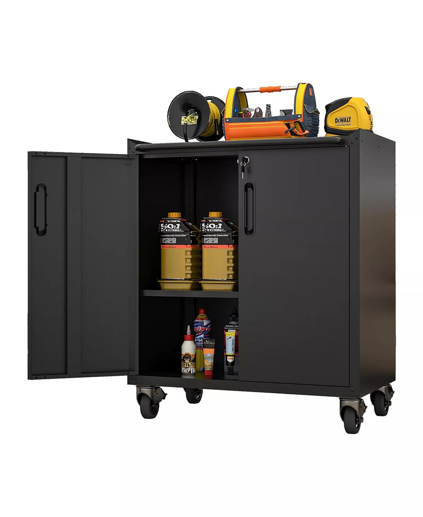 Heavy-Duty Rolling Metal Cabinet - Lockable 2-Door Tool Storage with Adjustable Shelves