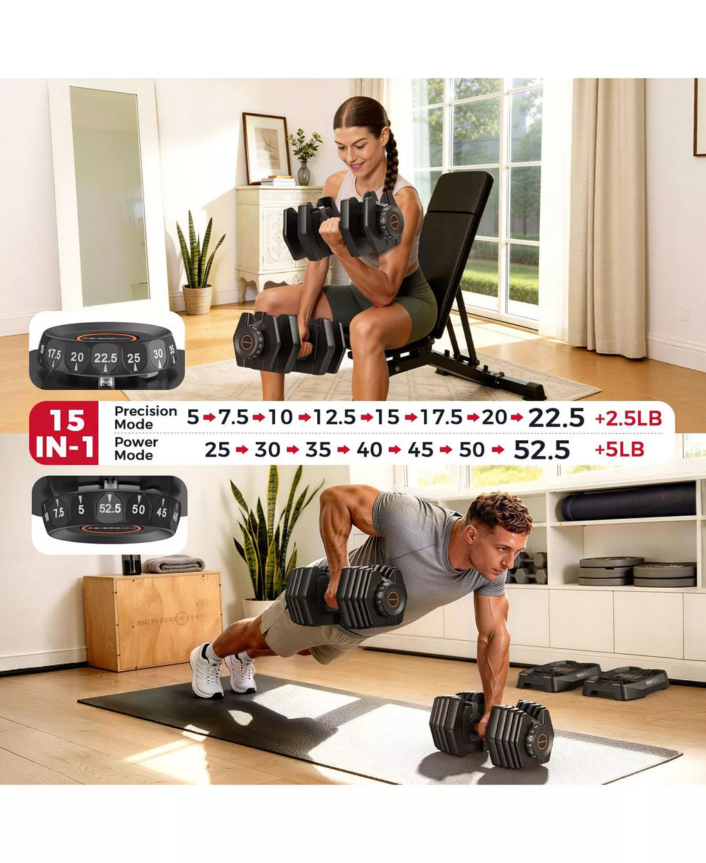 105LB Total Weight 15-in-1 Adjustable Dumbbell, Quick Dial 5-52.5LBS Heavy-Duty Single Dumbbell with Storage Box and Fitness App